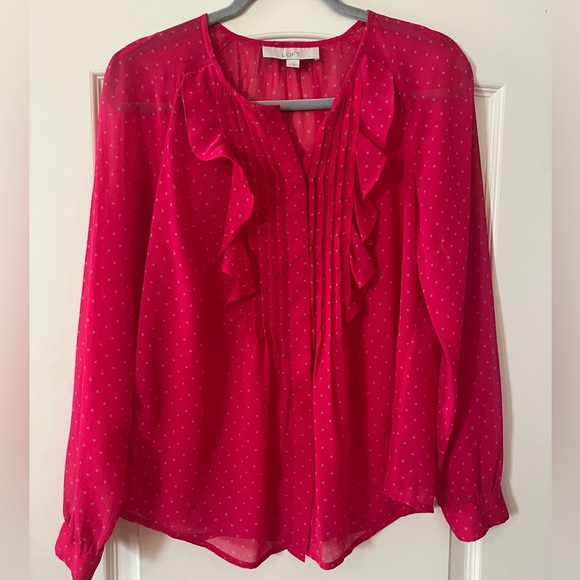 LOFT Tops - LOFT Raspberry Pink Long Sleeve Ruffle Blouse Women’s Size Small